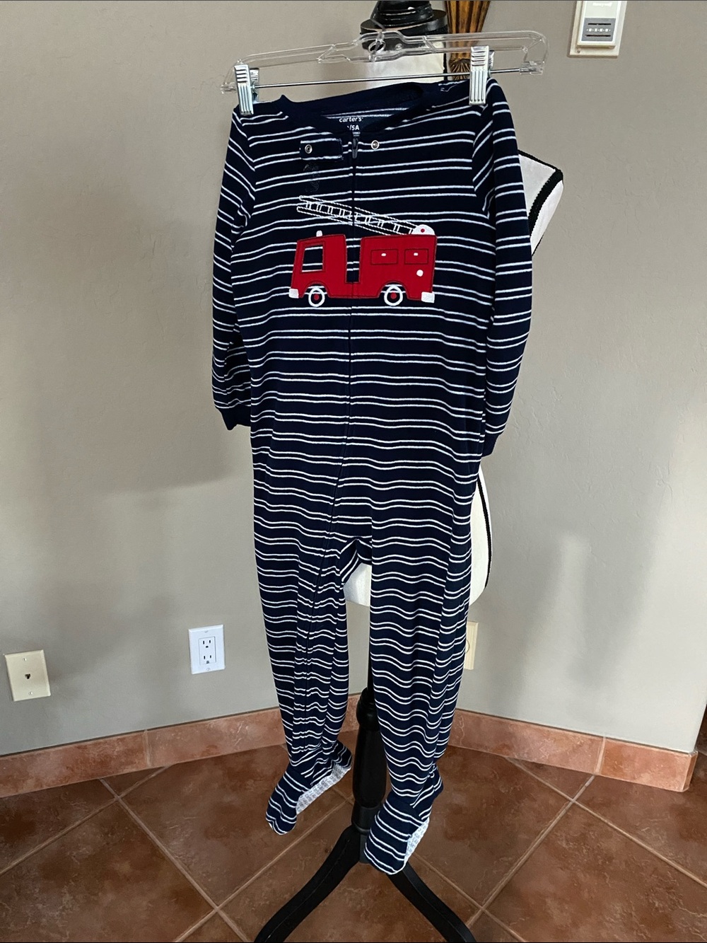 Carter's Navy and White Striped Footed Pajamas with Red Fire Truck
